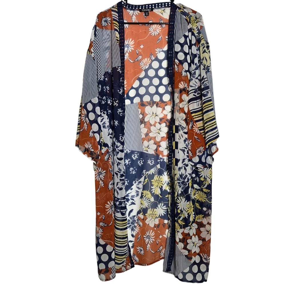 Roz & Ali Womens Patchwork Sheer Chiffon Kimono Cardigan 2X Boho Maximalist